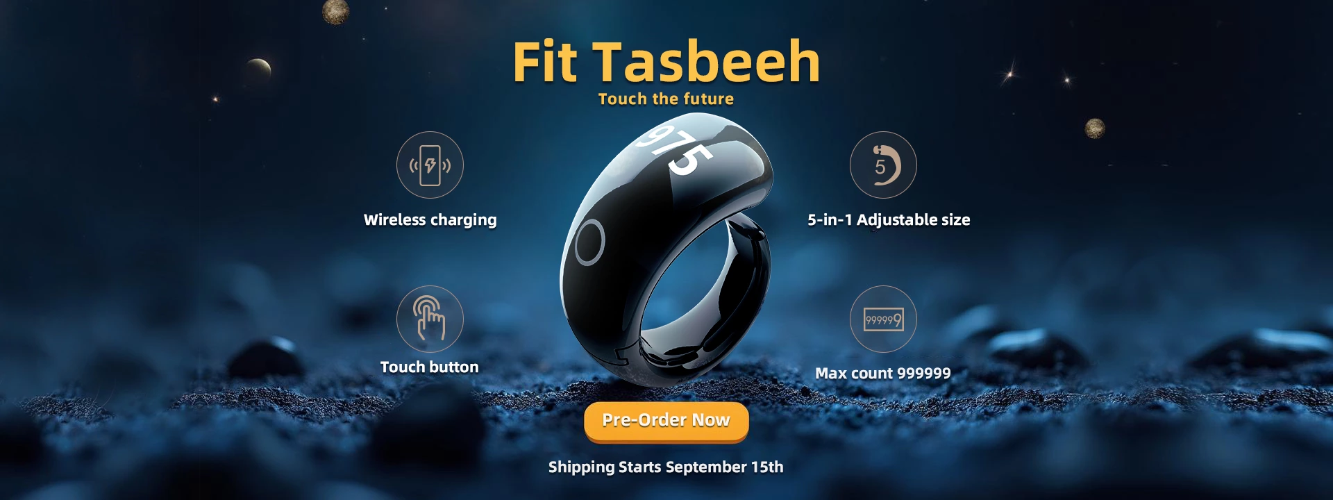 SQ976 Fit Tasbeeh Ring The Ultimate Zikr Companion with Wireless Charging & Adjustable Sizes