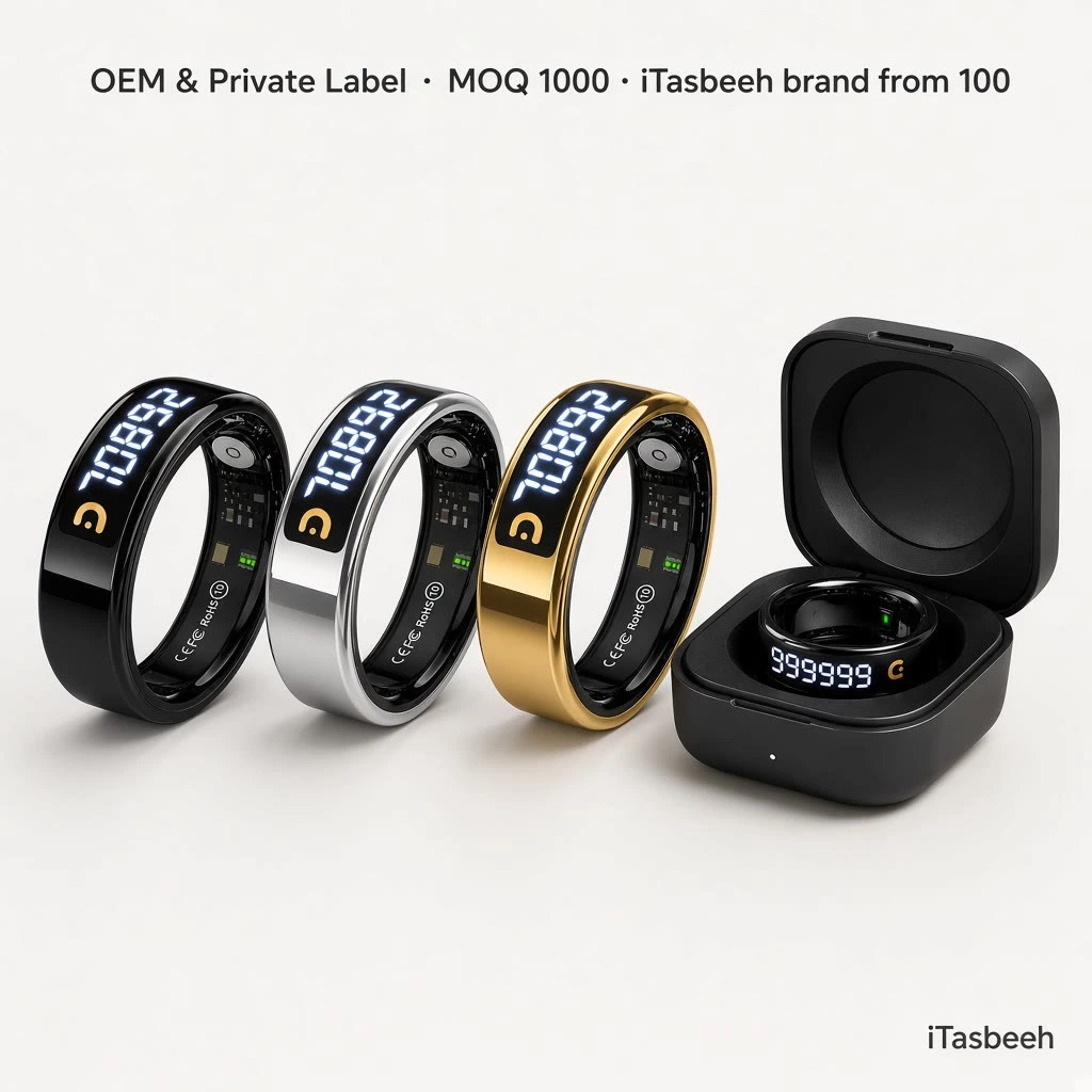 QB806 Pro smart zikr ring in black, silver and gold with charging case for OEM and private label