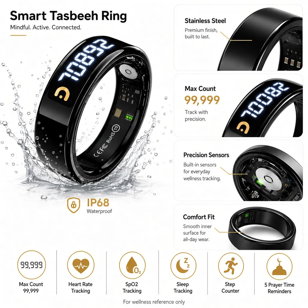 QB806 Pro smart zikr ring in black, silver and gold with charging case for OEM and private label