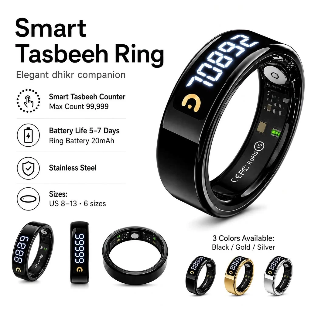 QB806 Pro smart zikr ring in black, silver and gold with charging case for OEM and private label
