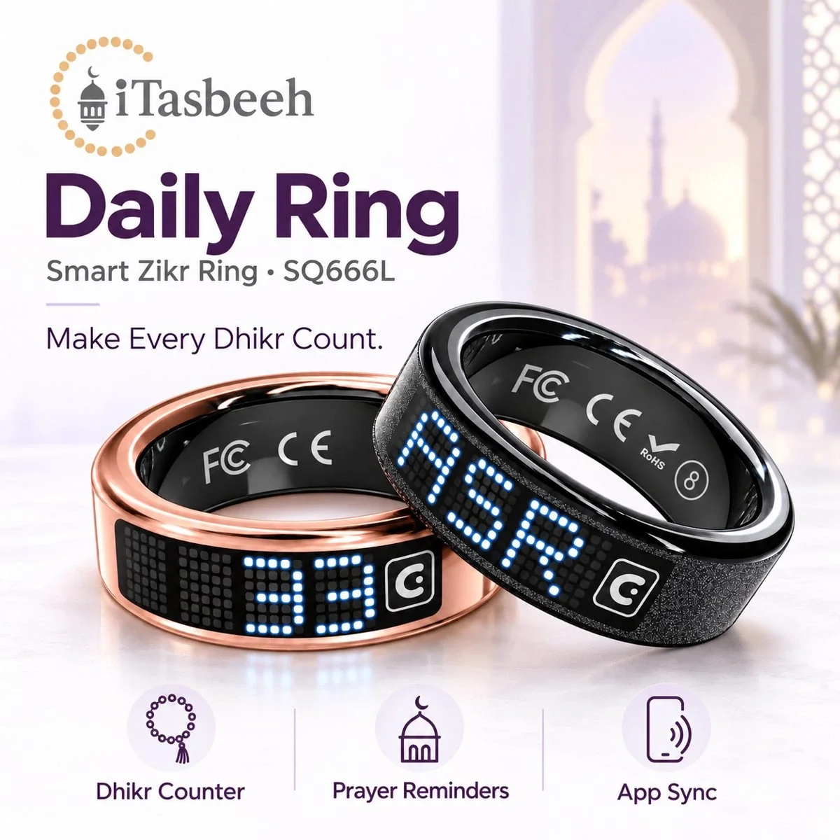 Two iTasbeeh Daily Ring SQ666L smart zikr rings in black and rose gold, ready for SalamTouch