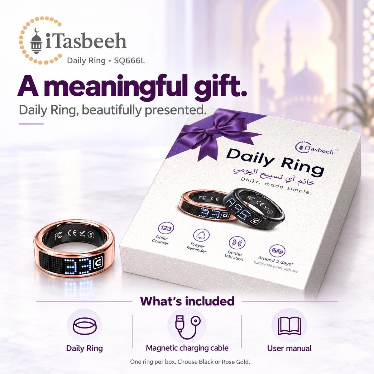 iTasbeeh Daily Ring SQ666L smart zikr ring in matte black and rose gold