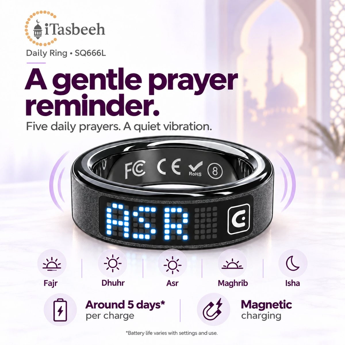 iTasbeeh Daily Ring SQ666L smart zikr ring in matte black and rose gold