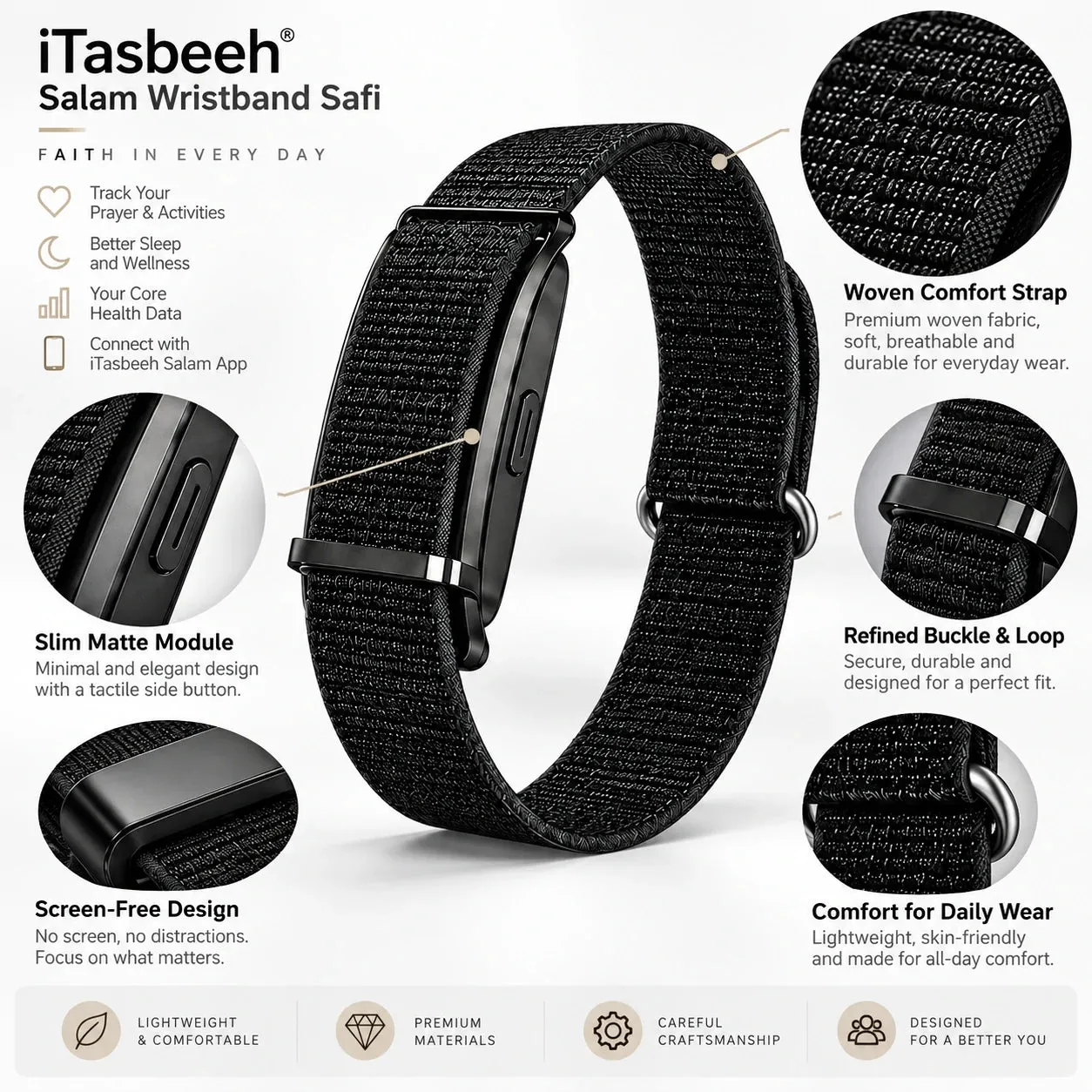 iTasbeeh SQ968 Safi screen-free prayer wristband in black, woven strap