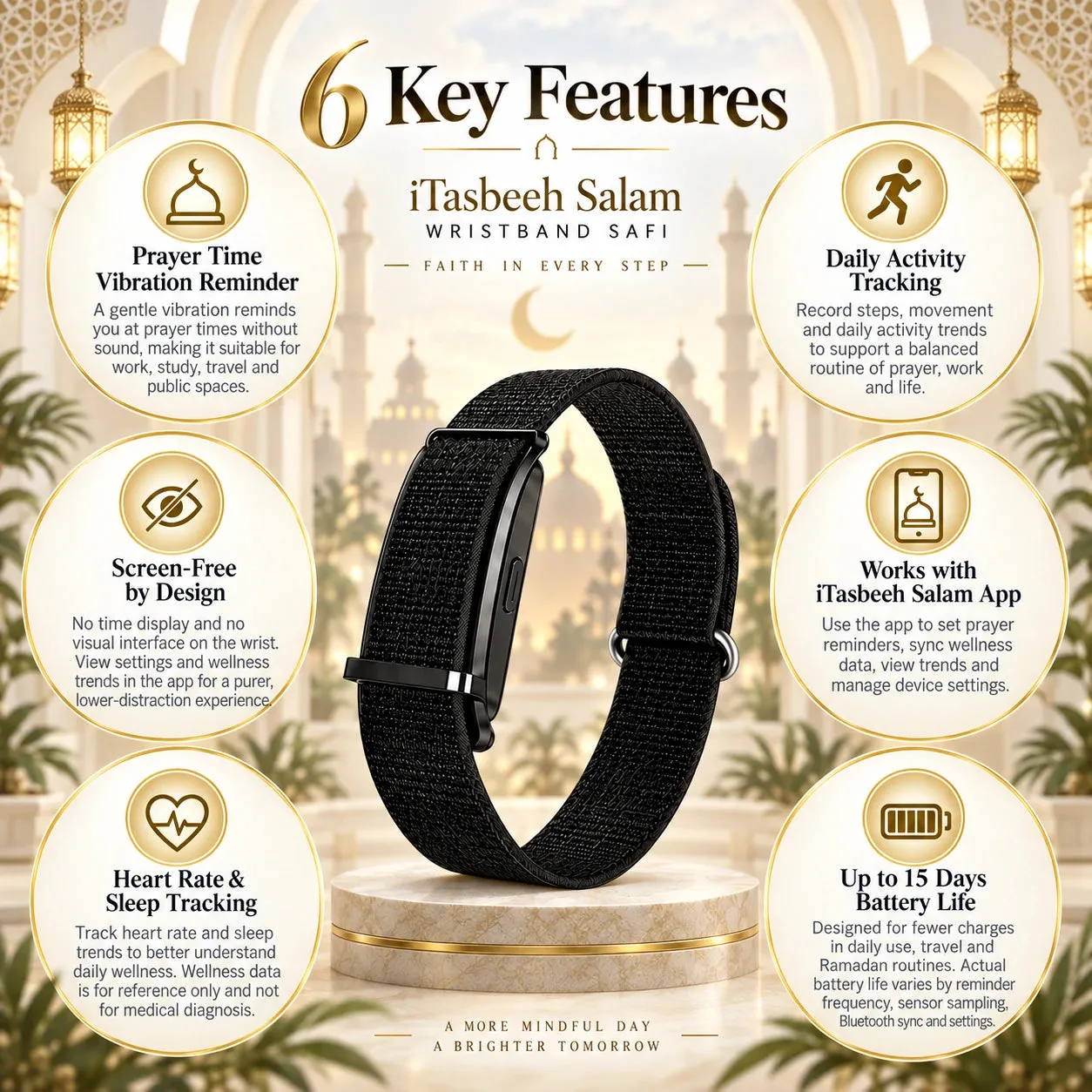 iTasbeeh SQ968 Safi screen-free prayer wristband in black, woven strap
